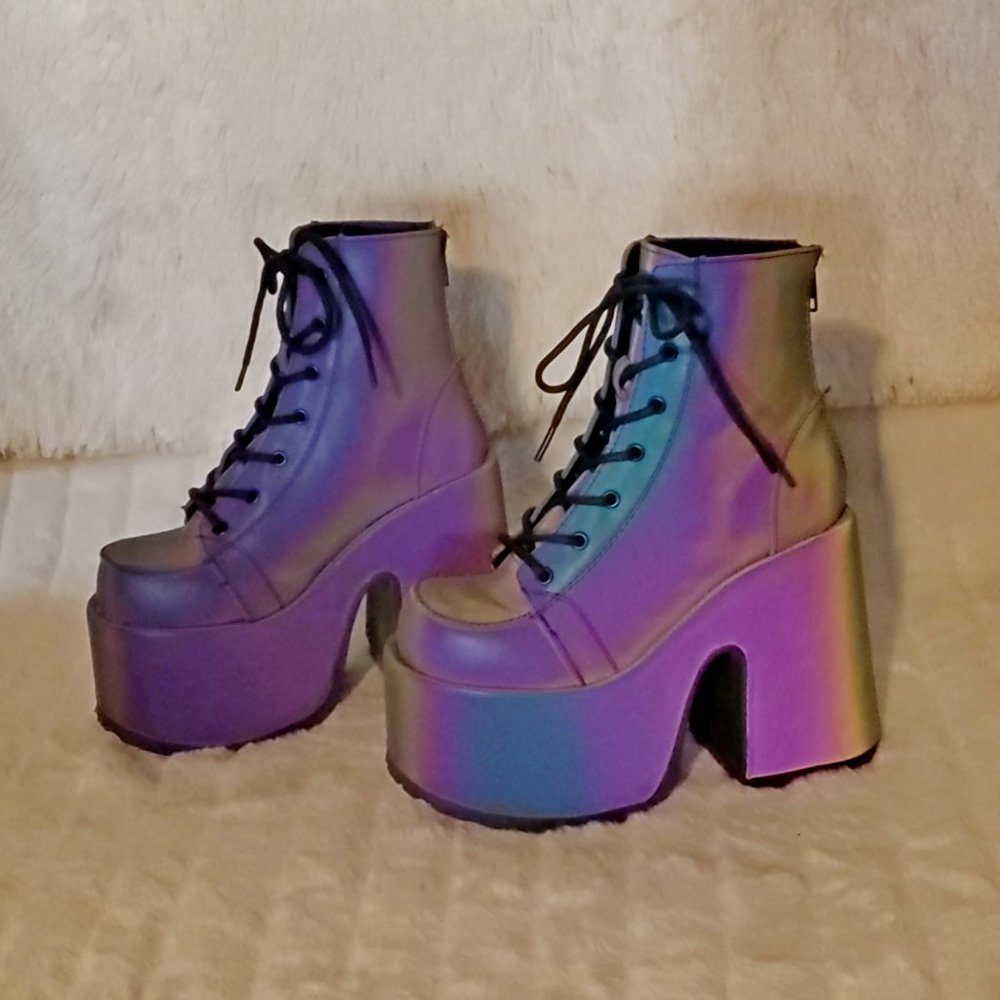 Camel Purple Green Reflective Rave Royalty Festival Platform Ankle Boots - Picture 14 of 15